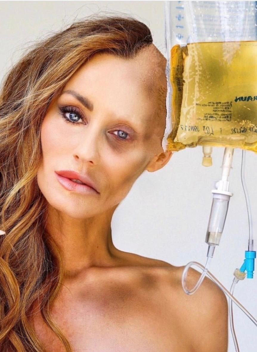 Melanie Marden holding an IV bag beside her face
